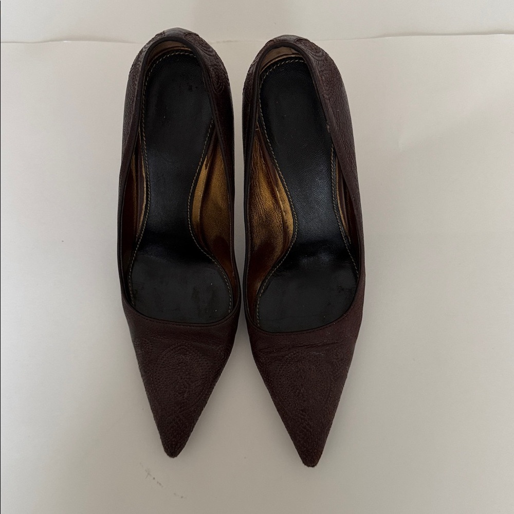 Prada Vintage Teak Antic Flower Embroidery  Women's Brown Heels